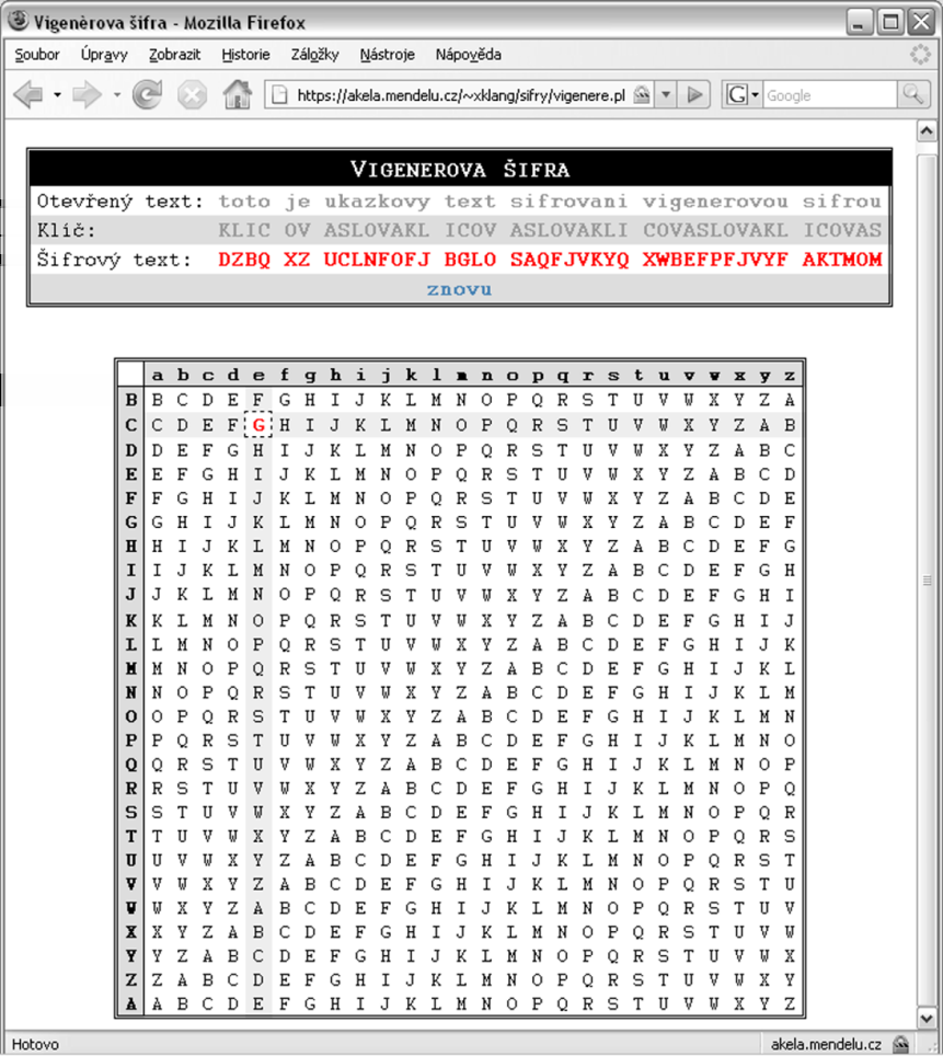 3.2 Vigenèrova šifra 34 Obr. 12: Vigenèrova šifra výsledná obrazovka Šifrový text je zapsán velkými písmeny. Barevně je tento text odlišen, pokud bylo provedeno šifrování.