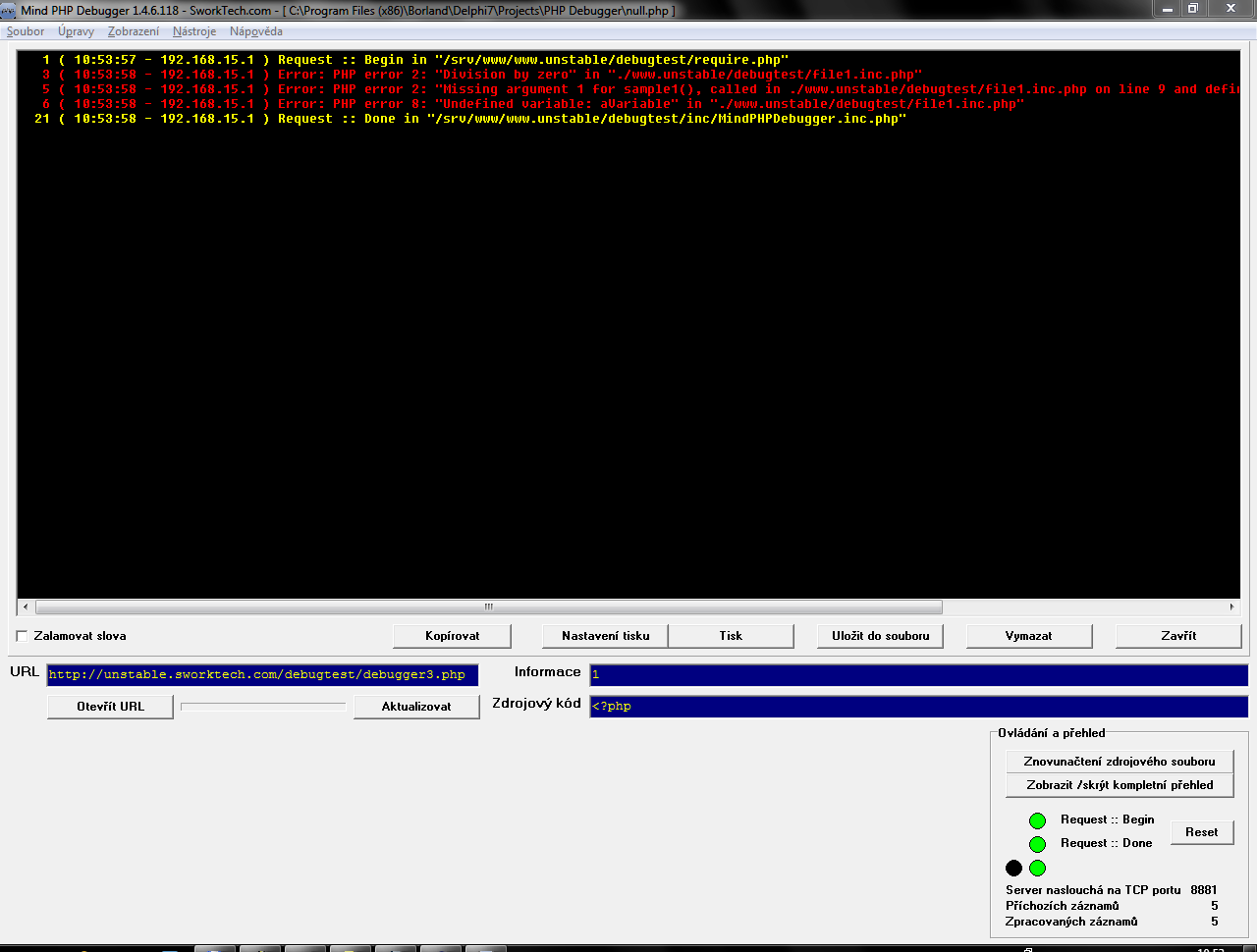 Zobrazení Zobrazit / skrýt kompletní přehled (klávesová zkratka F11) Strana 5 Zobrazí případně skryje velice důležitou část programu Mind PHP Debugger.