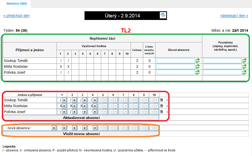 Obrázek 51: Absence žáků Jak už bylo řečeno, absenci můžete zapisovat až po zápisu hodiny.