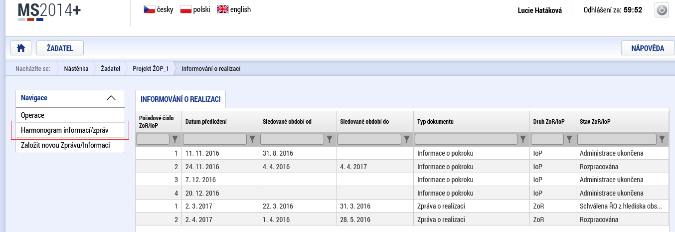 Postup při podání ZoR/IoP/ZoU v ISKP 2) Po stisknutí záložky Harmonogram