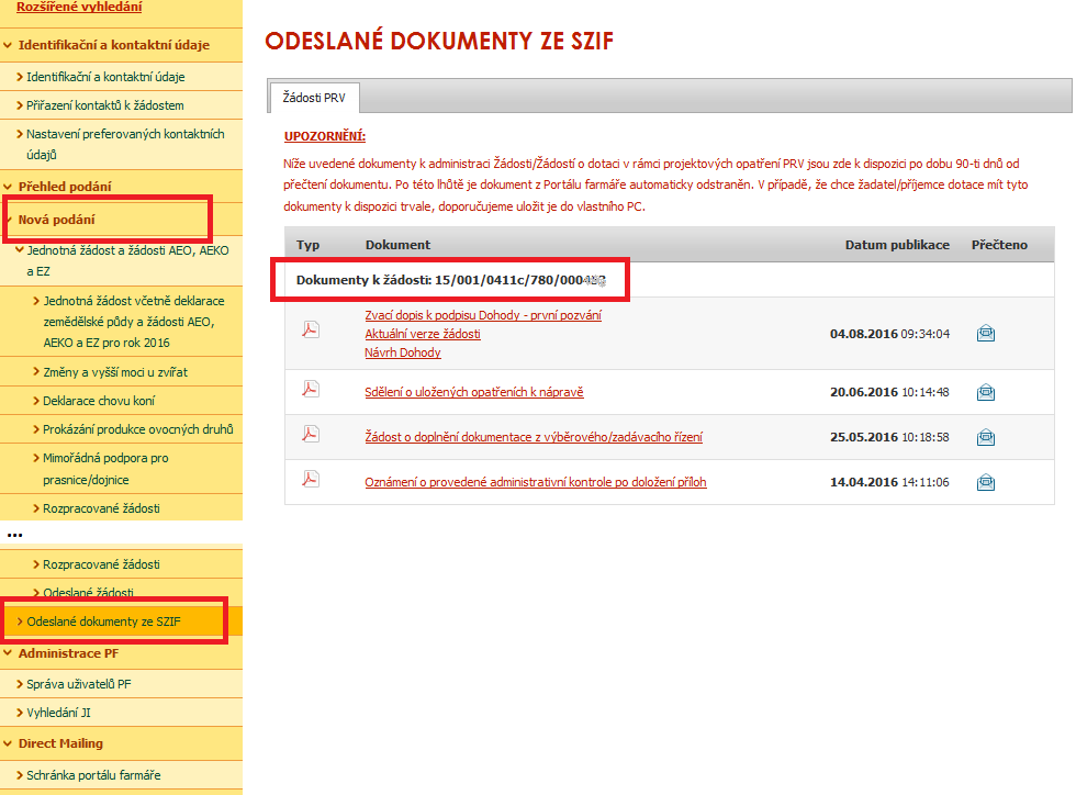 Portál farmáře dokumenty doručené ze SZIF Veškeré informace, dokumenty SZIF k žádosti