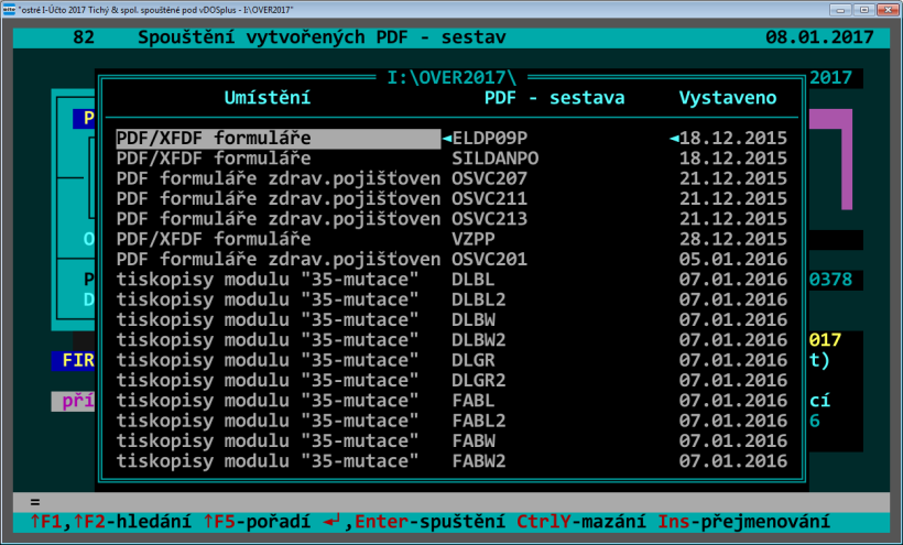 Je-li účtovaných firem s XFDF-soubory málo, zobrazí se obvyklé menu s jednotlivými volbami.