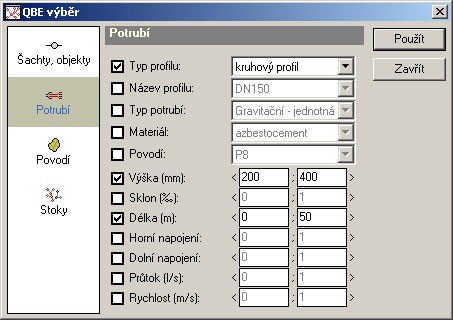 Postup při sestavování SQL výběru: 1. V prvním políčku se vybere z jaké databázové tabulky (sachty, objekty, q_potrubi, povodi) se daný výběr bude dělat. 2.