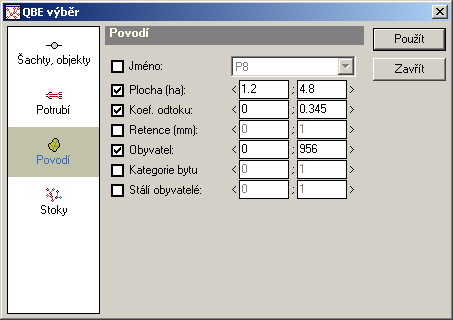 V dialogovém okně se za pomoci rozbalených nabídek pomocných funkcích sestaví SQL výraz. Obr. 33 Dialogové okno SQL výběr - povodí Postup při sestavování SQL výběru: 1.