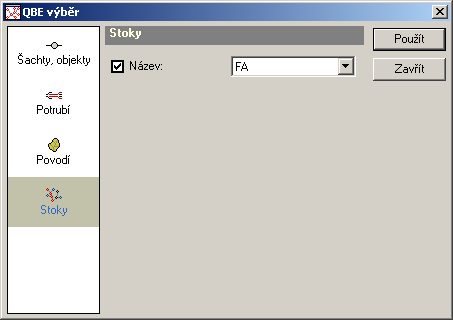 2.10.4 Výběr stoky Označovat stoku lze QBE výběrem. Výběrem potrubí se z hlediska DB relací rozumí nastavení hodnoty vybrano v tabulce potrubi na hodnotu <>0 (nenulovou).
