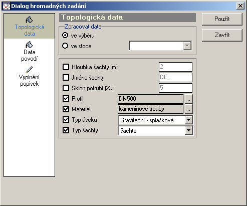2.14. Hromadná zadání 2.14.1 Hromadná zadání topologických dat Funkce nabízí hromadné přiřazení dat do vybraných úseků, resp. do celé stoky, po jejím nadefinování (viz kap. 2.9.3 Definice stok).