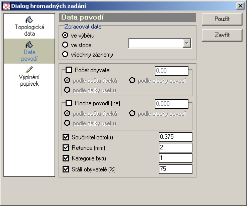 2.14.2 Hromadná zadání dat pro povodí Funkce nabízí hromadné přiřazení dat do vybraných povodí, resp. stok. Vyberou se povodí,resp.stoky ke kterým se budou přiřazovat shodná data (viz 2.