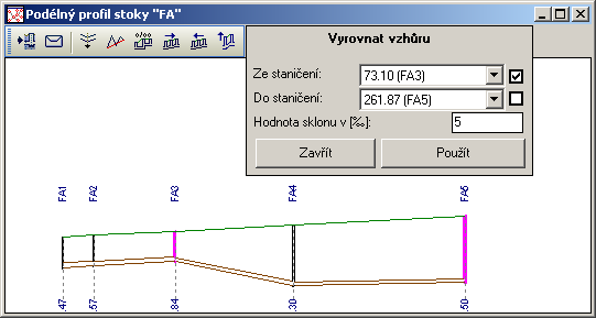 2.16.2.2. Zadat vyrovnávací sklon v podélném profilu Vyrovnání sklonu proti proudu vzhůru Funkce upravuje sklon potrubí na zvolený jednotný sklon, a to ve vybraných úsecích od dolní šachty směrem