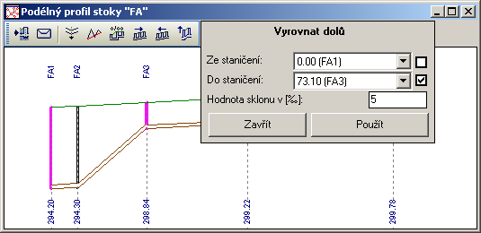 Vyrovnání sklonu po proudu dolů Funkce upravuje sklon potrubí na zvolený jednotný sklon, a to ve vybraných úsecích od horní šachty směrem dolů, tzn. po proudu. Kóta dna horní šachty se nezmění.