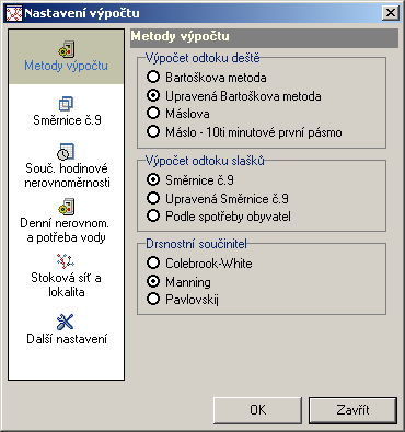 2.19.1 Nastavení výpočtu V dialogových oknech se nadefinují parametry pro výpočet stokové sítě. V hlavní nabídce menu, v rozbalené nabídce Výpočet, se zvolí položka Nastavení.