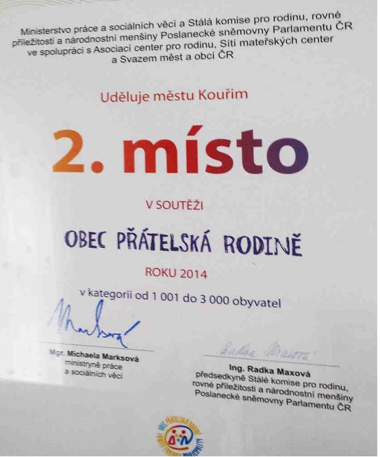 V roce 2015 se město stalo Obcí přátelské rodině za rok 2014 Dne 16. 1. 2015 se město Kouřim přihlásilo do soutěže,,obec přátelská rodině 2014 vyhlašované 7.