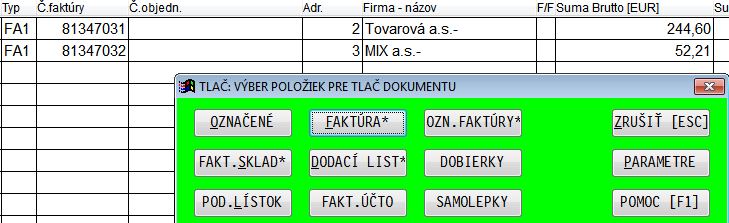 Vytlačenie faktúry. Prejdite do časti SPRACOVANIE a ODBERATELSKE FAKTURY.