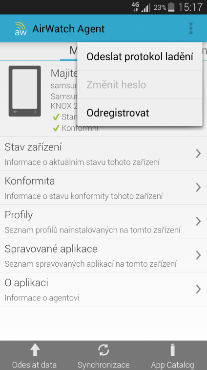 Android OS zařízení 1. Spustíme aplikaci AirWatch MDM Agent. 2. V pravém horním rohu rozklikneme nabídku a zvolíme Odregistrovat. 3. Zařízení již není pod správou administračního portálu.