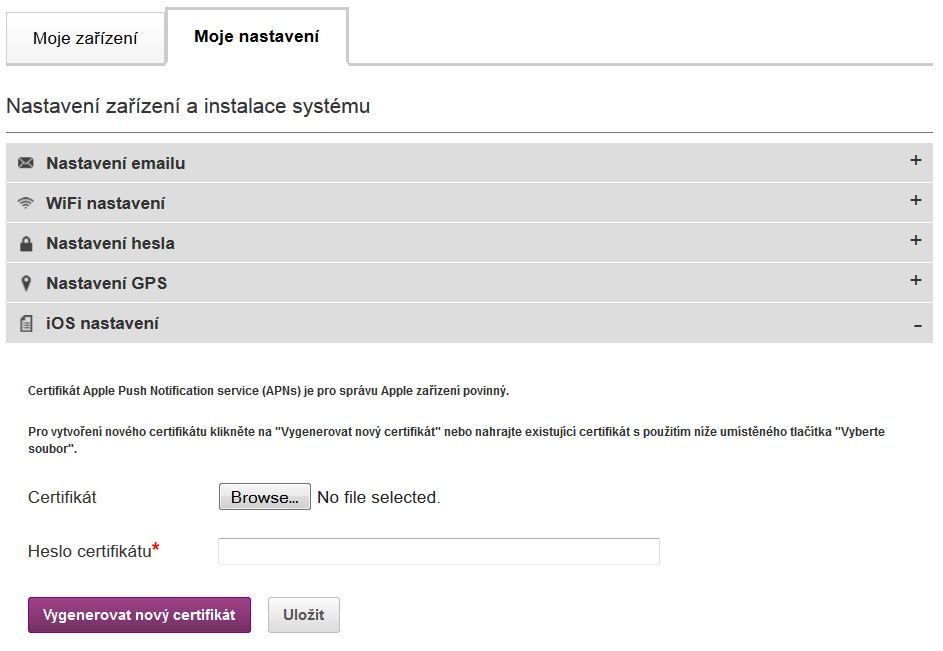 B) Zařízení Apple (ios) Mobilní zařízení typu ios je specifické tím, že je nutné před samotnou procedurou popsanou v bodu A) nastavit v administračním portálu tzv.