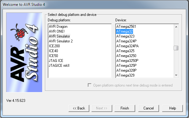 Dále v sekci Debug platform vybereme AVR Simulator a v sekci Device vybereme