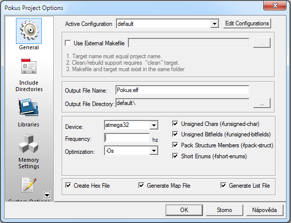 V položce Project zvolíme Configuration Option a v záložce General zadáme frekvenci v Hz a změníme stupeň optimalizace na standartní-> Optimalization -Os Obr.