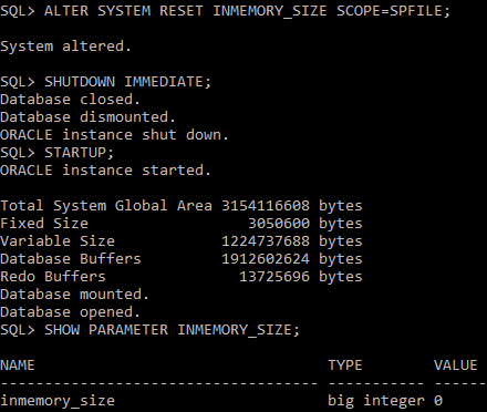 2.4.3.1 Deaktivace In-Memory Pro deaktivaci funkce In-Memory stačí resetovat inicializační parametr INMEMORY_SIZE. Resetování parametru lze provést příkazem na obrázku č. 33.