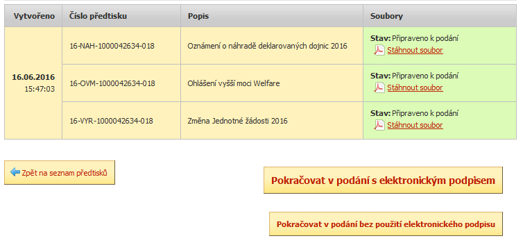 Po úspěšném vygenerování žádostí se žadateli zobrazí sada žádostí s vytvořenými PDF formuláři.