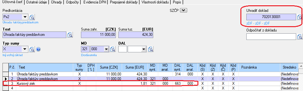 Do poľa Uhradiť doklad v ďalšom kroku sa zadá interné číslo zdf. Kurzový rozdiel (zisk/stratu) k účtu 321program dopočíta automaticky a pridá ďalší zápis aj so zaúčtovaním.