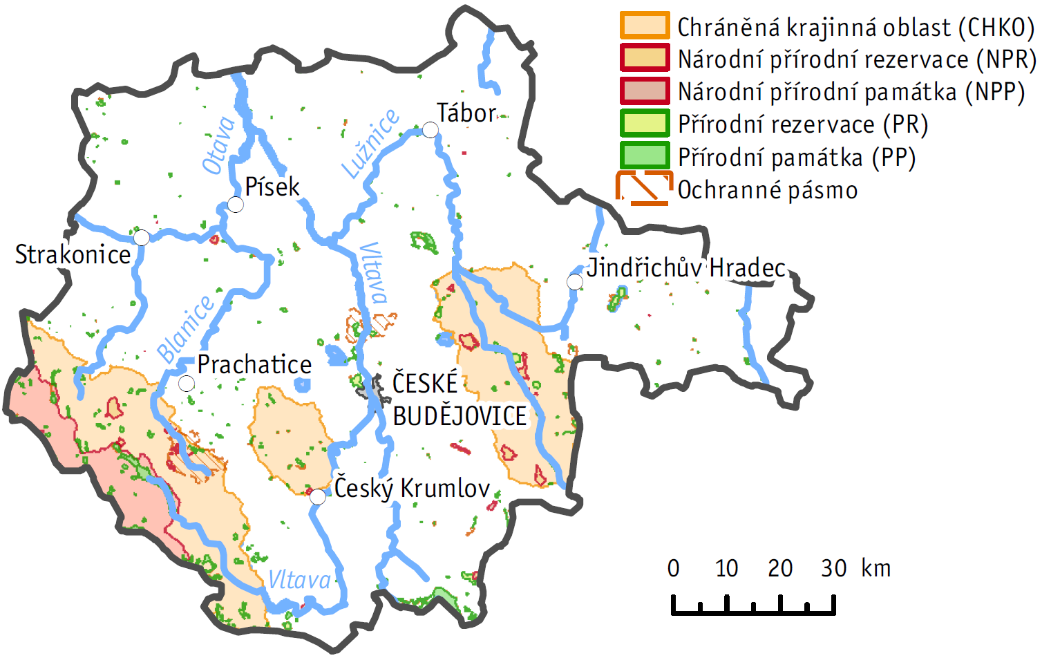 4 Ochrana přírody 4.1 Územní a druhová ochrana přírody Na území Jihočeského kraje se v roce 2014 nacházela, nebo do něj zasahovala, čtyři velkoplošná zvláště chráněná území (Obr. 4.1.1).