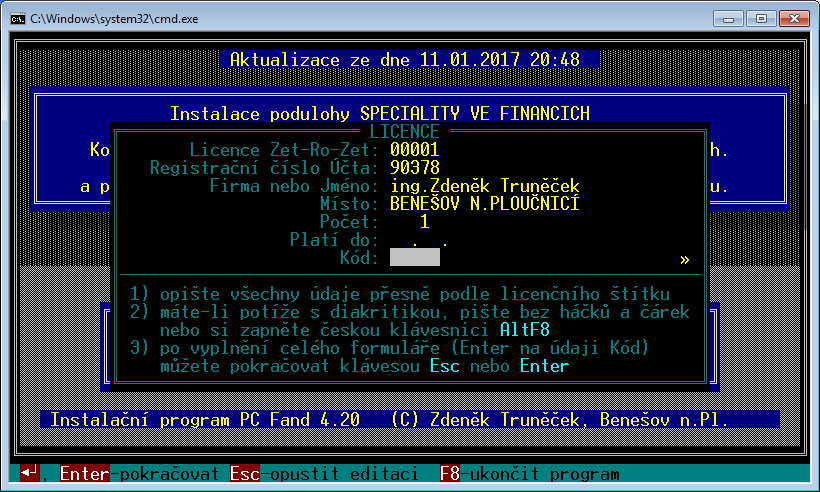 poškozen, nabídne instalátor k přečtení licenční podmínky a vyžaduje souhlas. Po stisku Esc si modul vyžádá souhlas s licenčními podmínkami.