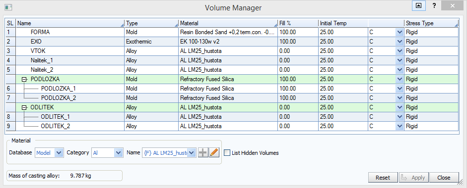 1.5.3.1 Definice materiálů Všechny objemy, které jsou nadefinovány v simulačním softwaru, musí mít přiřazen nějaký materiál. Volume manager je takovým rozcestníkem, který tyto objemy sdružuje.