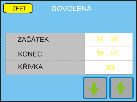 nižší teplota, vhodná při nečinnosti pro úsporu nákladů 11 12 13 14 15 16 zobrazuje 11 - Návrat do klidového zobrazení 12 - Nastavení DOVOLENÉ 13 - Nastavení TÝDENNÍHO PROGRAMU 14 Režim COMFORT/ECO