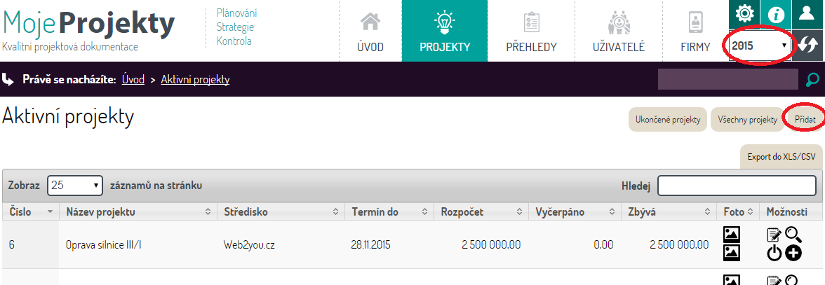 V aplikaci je vždy nastaven rok, díky kterému se zobrazují projekty a data vztažené právě k tomuto období.