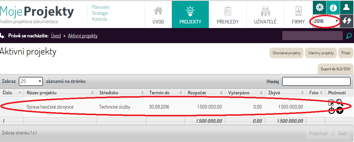 Nyní můžeme vybrat rok 2016, který byl po přidání prvního projetu do tohoto roku automaticky přidán.