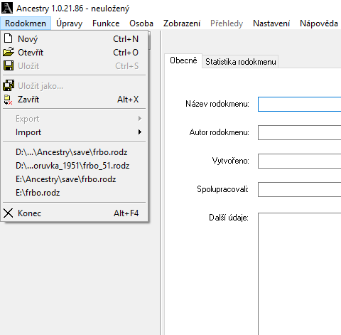 Hlavní menu Rodokmen Nový - vytvoří nový datový soubor Otevřít otevře již vytvořený datový soubor Uložit, uloží změny provedené v datech Uložit jako Umožní uložení datového souboru pod jiným jménem