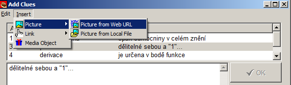 Kapitola pátá V tomto okně můžeme vidět, že se pojmy křížovky dělí na vodorovně (Across) a svisle (Down) umístěné. Kliknutím na libovolný pojem můžeme začít s jeho popisem do prázdného pole pod ním.