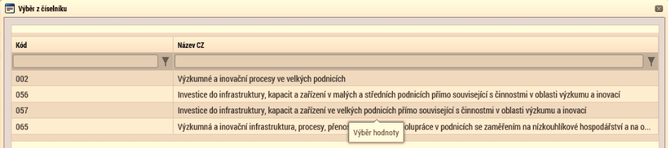 Kategorie intervencí Na těchto záložkách se jednotlivá data vybírají z předdefinovaných seznamů. Konkrétně pak: 1.