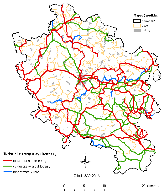 Mapa 2.9.1: Sítě turistických tras a cyklostezek na území SO ORP Jindřichův Hradec 2.10.