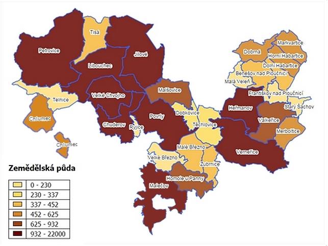 Na následujících mapách je znázorněn přehled zemědělské a nezemědělské půdy na území jednotlivých obcí a měst území MAS Labské skály. Mapa č. 3 Zemědělská půda k 31. 12. 2014 Graf č.