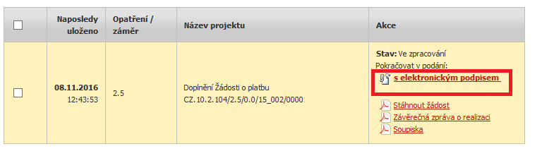 Po předchozím kroku se zobrazí informace o stavu generování doplnění žádosti a informace o průběhu. Následuje stažení žádosti Stáhnout soubor z PF do PC příjemce.