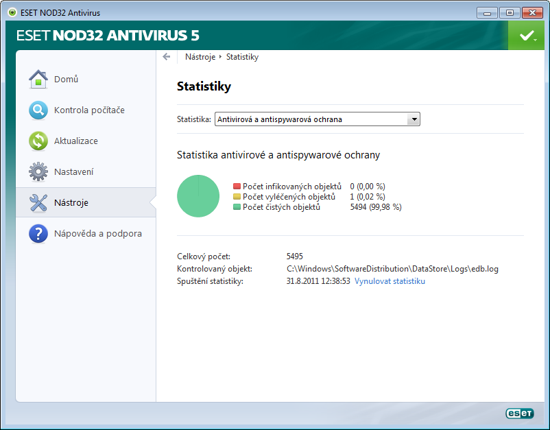 4.4.3 Statistiky Statistické údaje, které se týkají různých modulů ochrany před infiltracemi, jsou dostupné v grafickém zobrazení v části Nástroje > Statistiky ochrany.
