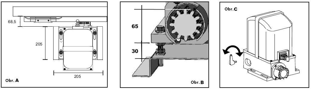 Zostava 01 Motor 02 Konzola motora 03 Kľúč pre odblokovanie motora 04 Pozinkované skrutky M10x60 pre upevnenie motora 05 Pozinkované matice M10 06