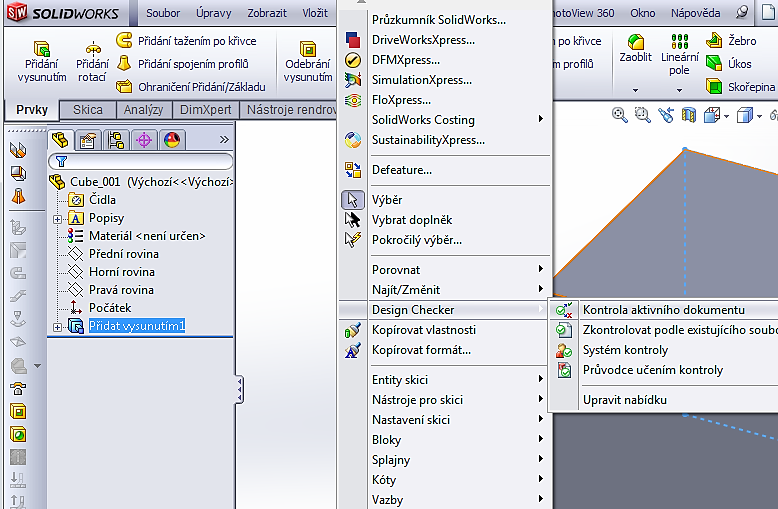 Aktivujeme nástroj DesignChecker a zkontrolujeme díl Cube_001.