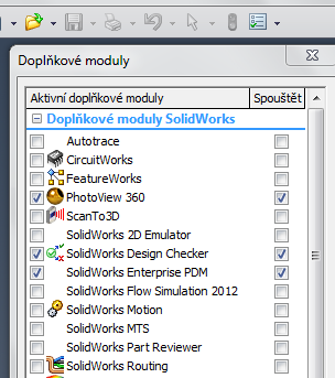 1. Nastavení doplňkového modulu v SolidWorks - postup: Po výběru doplňkového modulu z nabídky a zaškrtnutí jeho aktivace na obou stranách dialogového okna potvrdíme OK.