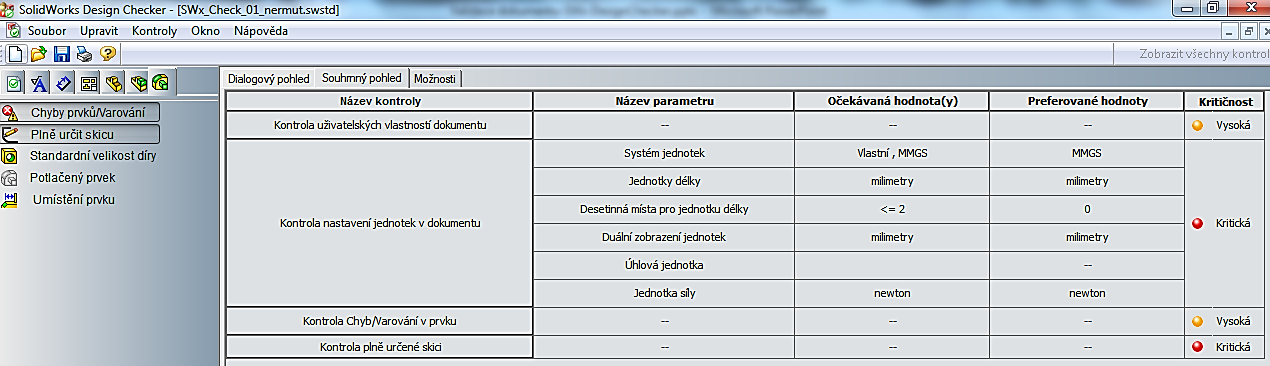 Zkontrolujeme nastavení souboru kontroly prostřednictvím zobrazení všech definovaných parametrů prostřednictvím záložky Souhrnný pohled. Soubor nové kontrolní normy uložíme.