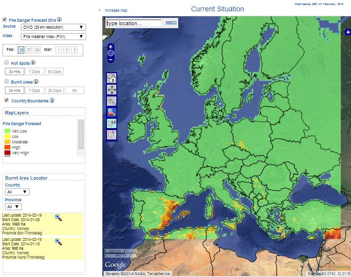 European Forest Fire Information System (EFFIS) poskytuje aktualizované a spolehlivé informace o požárech ve volné přírodě, které využívají hasičské sbory v jednotlivých členských státech Unie,