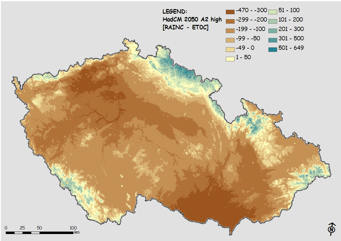 Srážky výpar (Eto) +1,0 C 2050 HadCM B1