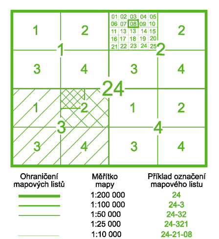 Stránky: 18 z 46 zpravidla menší měřítko. Čtvrcením nebo ještě podrobnějším dělením vznikají z map menších měřítek mapy větších měřítek. 2.1.5.