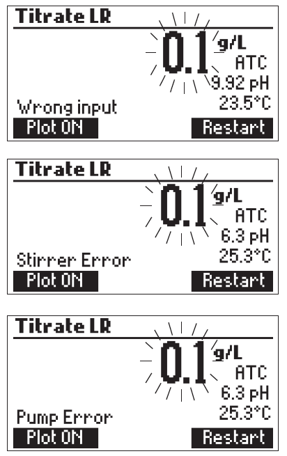 Stiskem Restart zahájíte novou titraci, ESC se vrátíte do základního menu titrace. Pokud koncentrace překročí zvolený rozsah zobrazené číslo bliká. Další titraci spustíte stiskem Restart.