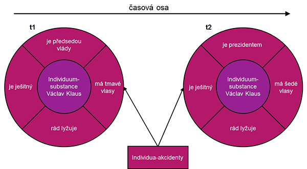 které jsou individuem-substancí neseny. Petr jako individuum-substance není určen svou výškou (ta se v průběhu jeho života může měnit), ale jeho výška je jeho nahodilou vlastností (akcidentem).