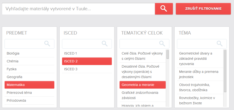 3.2 Orientácia v Galérii TUULov pomocou zaradenia materiálu v ISCEDoch Rozkliknutím ikony v pravej časti sa vyroluje prídavné menu, ktoré umožňuje materiály vyhľadávať podľa ich zaradenia v ISCEDe.