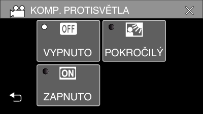 Záznam Nastavení kompenzace protisvětla Můžete upravit obraz, pokud se objekt zobrazuje příliš tmavě na světlém pozadí 1 Zvolte režim manuálního záznamu 5 Klepněte na ZAPNUTO nebo POKROČILÝ 0 Pokud