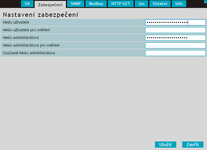 Z a b e z p e č e n í Nastavení zabezpečení přístupu na webové rozhraní. obr. 8 panel nastavení zabezpečení Heslo uživatele a Heslo uživatele pro ověření 5 Sem zadejte heslo pro přístup uživatelů.