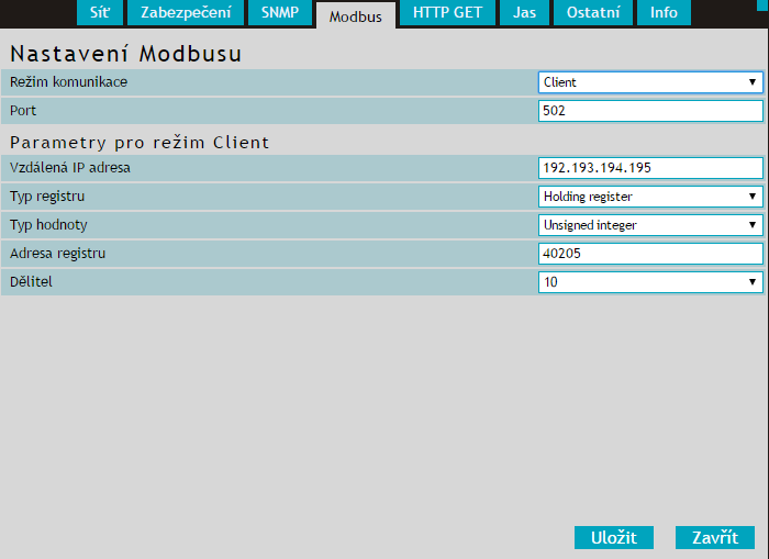 M O D B U S Zde se nastavují parametry pro komunikaci protokolem Modbus TCP. obr.