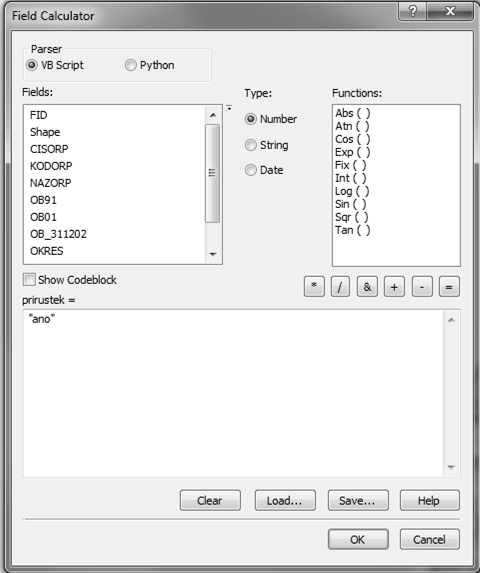 Krok 2: Nástroj Field Calculator nám umožní spočítat do sloupce jakoukoliv hodnotu a využít přitom i údaje z jiných sloupců.